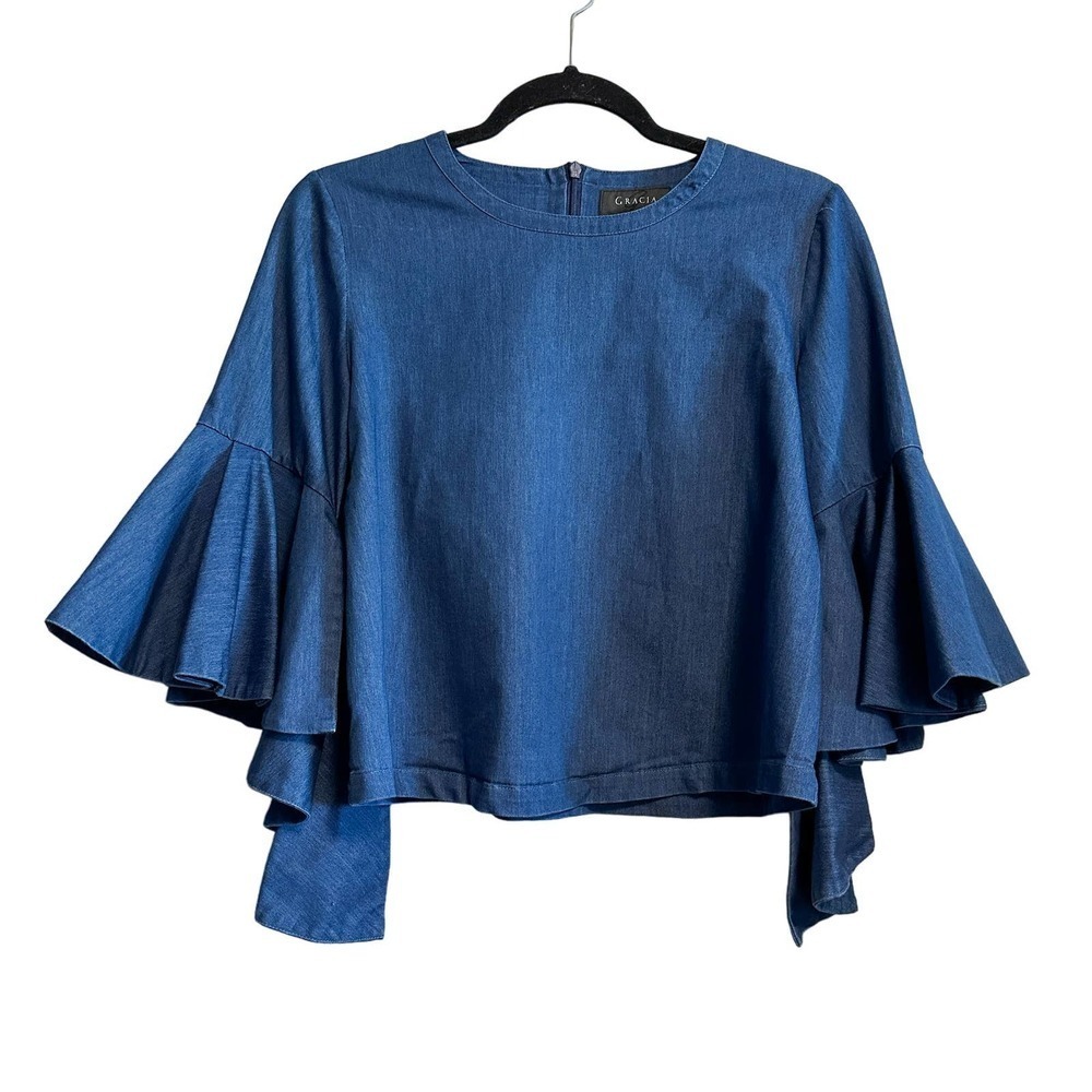 Gracia Ruffle Flare Bell Dramatic Sleeve Blue Chambray Zip Back Top Size S